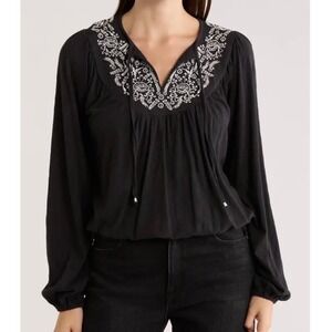 Lucky Brand Embroidered Peasant Blouse Black White Floral Long Sleeve Top M NEW